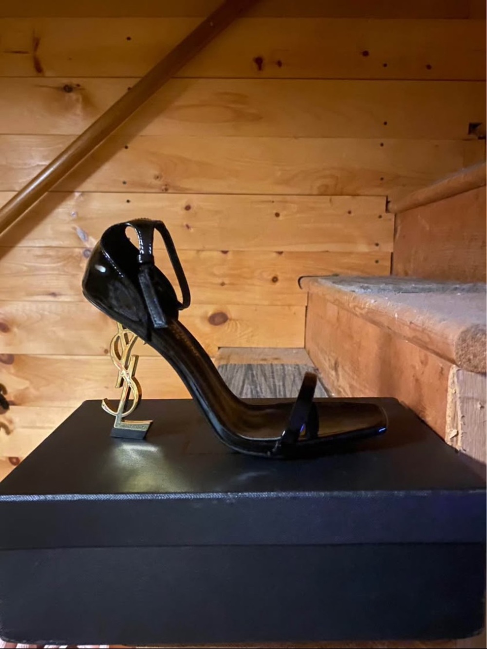 Saint Laurent Black Patent Stiletto Sandal with Gold YSL Sculpted Heel